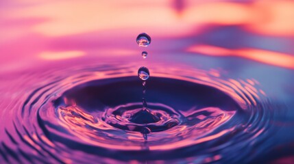 A single water drop forms concentric ripples in a vibrant pink and purple pool.