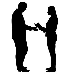 Silhouette of two people exchanging document, collaboration success, white background
