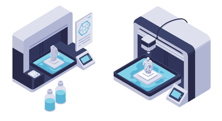 Isometric 3d printing technology with futuristic machines and materials for modern manufacturing isometric style vector illustration