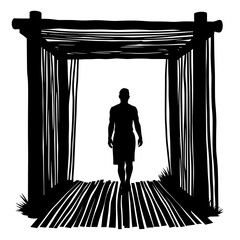 Silhouette of person walking into bamboo shower on white background, tropical cleanse