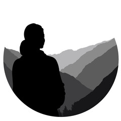 Silhouette of woman gazing at mountains, inner reflection and calm journey