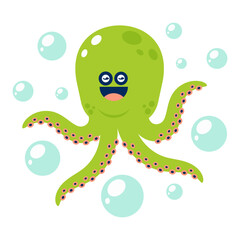 Cute green cartoon octopus with bubbles, smiling and floating underwater. Vector illustration on white background.
