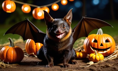 Adorable bat dressed as halloween pumpkin spreads festive joy among jack o'lanterns