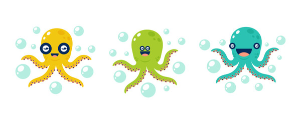 Cute cartoon octopus set with bubbles. Colorful underwater sea animals vector illustration.