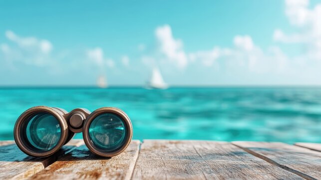 A serene image featuring a pair of binoculars placed on a rustic wooden table with a stunning view of a tranquil ocean and sailboats in the background.