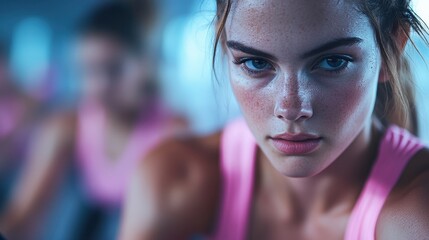 A determined young woman trains in a fitness class, demonstrating strength and focus, showcasing the dedication necessary for a healthy and active lifestyle.