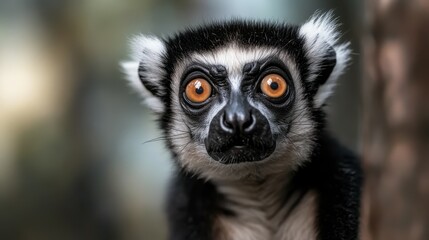 Naklejka premium A close-up of a curious lemur showcases its striking orange eyes and distinct fur pattern, emphasizing its unique features and captivating gaze in a natural setting.