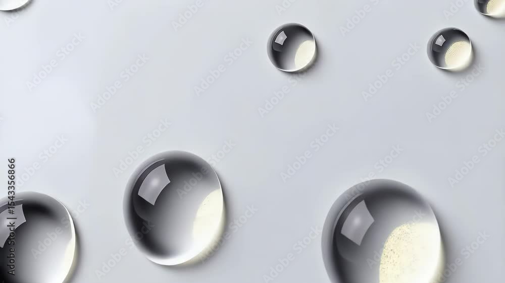 Poster Close up of several transparent water drops on a white surface creating a clean and minimalist background for product photography