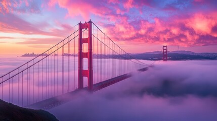 Obraz premium Golden Gate Bridge shrouded in vibrant sunrise mist