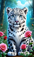 Naklejka premium Majestic snow leopard surrounded by vibrant roses in enchanted forest scene