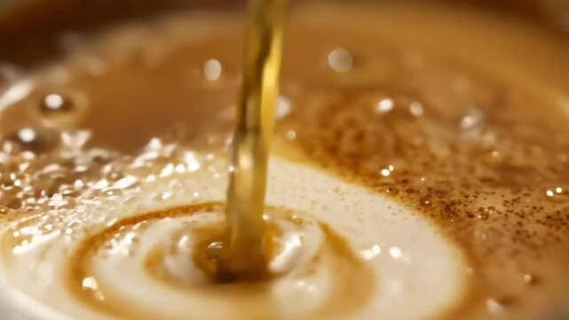 Fresh coffee pours into white ceramic cup creating rich foam texture and dynamic splash effects with golden brown liquid cascading in slow motion against warm lighting
