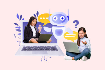 Trend artwork poster composite sketch collage of two young girl friends chatting pupil knowledge study artificial technology lesson laptop