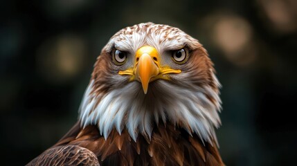 Obraz premium A striking close-up of an eagle's face captures its fierce gaze and majestic details, representing power and freedom in the animal kingdom against a blurred backdrop.