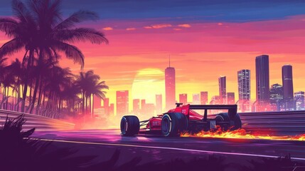 Naklejka premium Red race car on a city track at sunset. Palm trees line the track