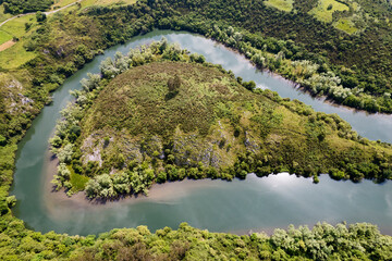 Aerial view of Meandros del Nora, Priañes, Asturias, Spain