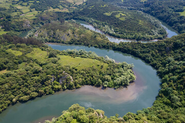 Aerial view of Meandros del Nora, Priañes, Asturias, Spain