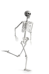 Scary human skeleton running on white background