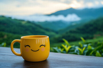 Smiling face in hot tea cup symbolizing warmth, kindness, and mental health awareness concept