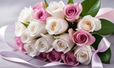 Fototapeta premium Elegant white and pink rose bouquet with green leaves on soft pastel background