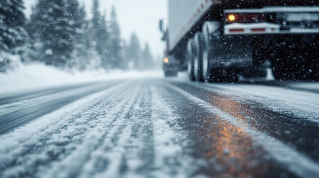 A truck traversing a snowy road amidst a winter landscape, depicting transportation challenges while emphasizing the beauty and harshness of winter weather.