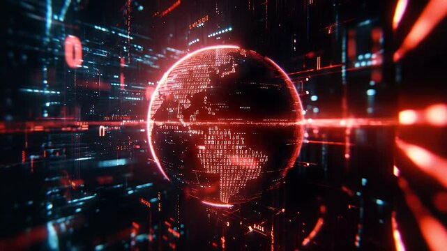 Red globe amidst digital chaos, zeros and ones