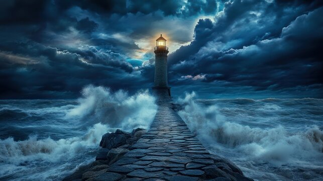Stormy sea, lighthouse beacon - Powered by Adobe