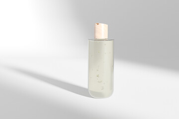 Clear cosmetic plastic bottle with wooden disk top flip cap mockup, flat shoulder packaging with flat disk cap, modern round skincare container, cylinder squeeze bottle, cylindrical shape bottle