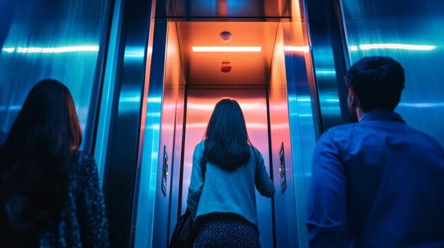 People Waiting for Elevator in Neon-Lit Hall