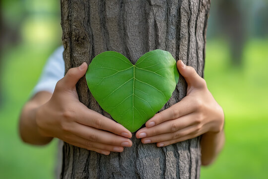 Woman tree hugger holding heart-shaped leaf, symbolizing climate care and eco awareness