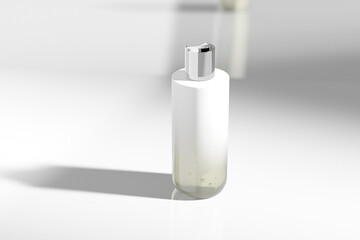 luxury cosmetic plastic bottle with disk top flip cap mockup, metallic flat disk cap shampoo packaging, flat shoulder skincare container, cylindrical squeeze bottle, electroplating cosmetic bottle