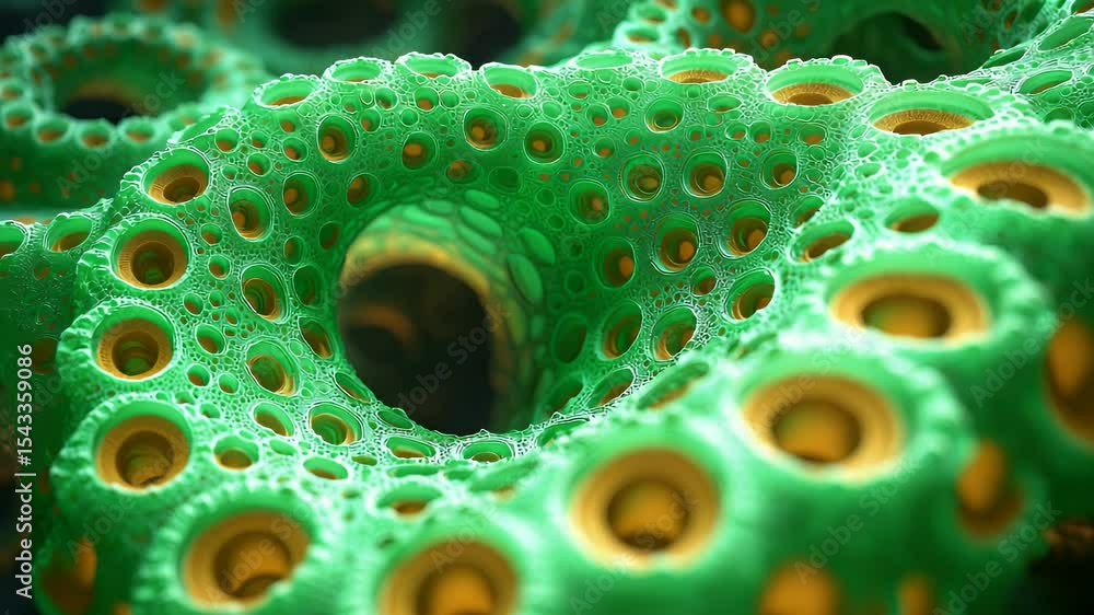 Poster ring structures, vibrant green, and repeating patterns create intricate, captivating abstract compos