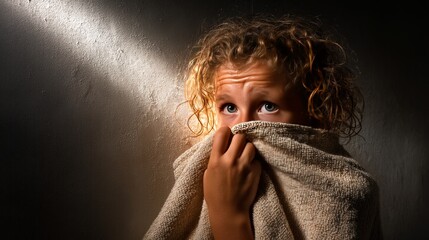 A young girl with curly hair holds a blanket close to her face, looking up with a worried expression