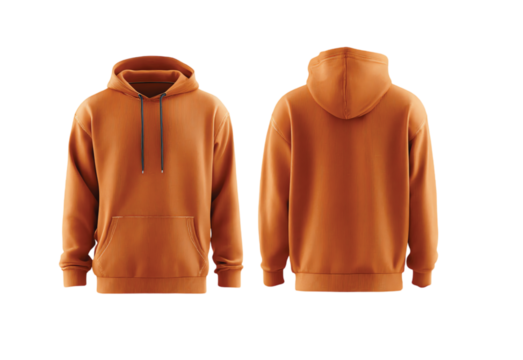 Blank orange hoodie front and back view, Mockup Design isolated on transparent white background