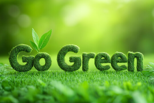Grass letters spelling Go Green on meadow, perfect for World Environment Day and eco friendly concepts