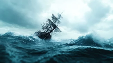Foto auf Acrylglas Schiff A majestic old ship battling against turbulent ocean waves, representing adventure and the struggle of navigating through life's storms with courage and resilience.  © Larisa AI