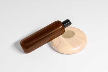 Brown amber glass cosmetic bottle with disk top flip cap mockup, flat disk cap squeeze bottle packaging, round skincare container, cylindrical shape squeeze bottle, cylinder shape bottle