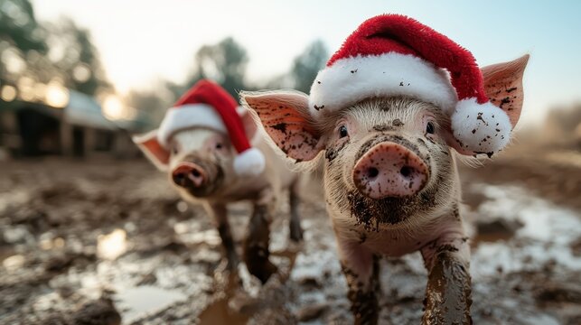 Two adorable pigs joyfully wearing festive Santa hats while exploring a muddy farm environment, radiating holiday cheer and playfulness in the atmosphere.
