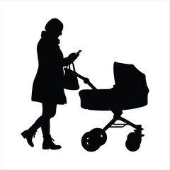 Mother Pushing Stroller and Using Phone Silhouette - Parenting Modern Lifestyle