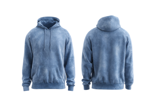 Wash Blue Hoodie front and back view, Mockup Design isolated on transparent white background 