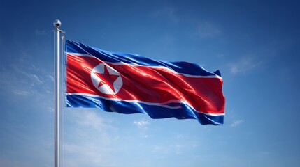 Flag of Democratic People's Republic of Korea waving proudly on Independence Day under a clear blue sky