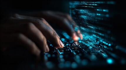 Cybersecurity programmer coding software developer typing on keyboard with digital code overlay