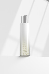 luxury cosmetic plastic bottle with disk top flip cap mockup, metallic flat disk cap shampoo packaging, round skincare container, cylindrical shape squeeze bottle, slim cylinder shape bottle