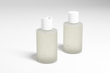 translucent cosmetic plastic bottle with disk top flip cap mockup, white flat disk cap shampoo packaging, short cylinder skincare container, cylindrical shape squeeze bottle, round shape bottle