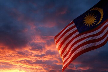 Malaysian flag waving in a sunset sky