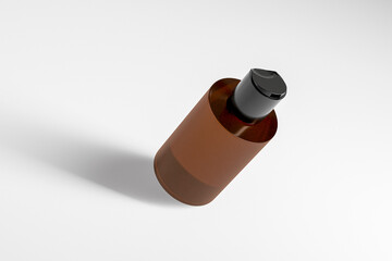 Brown amber glass cosmetic bottle with disk top flip cap mockup, flat disk cap squeeze bottle packaging, round skincare container, short cylindrical shape squeeze bottle, small cylinder shape bottle