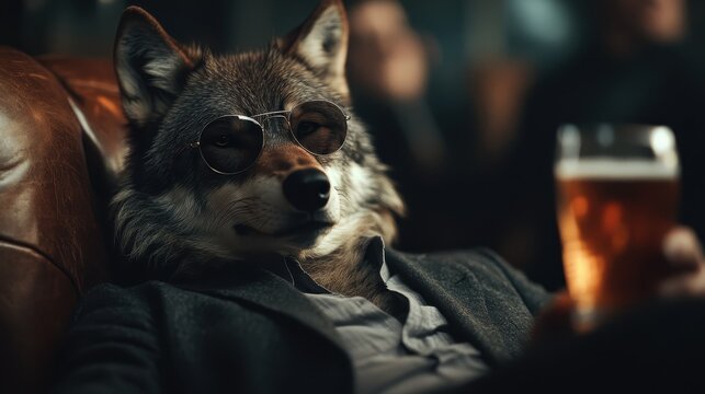 A quirky image showcasing a wolf character wearing sunglasses, lounging comfortably on a leather chair while holding a glass of beer, showcasing an unconventional blend of realism and fantasy.