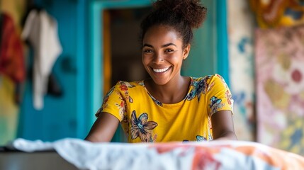Cheerful woman in yellow shirt folding clothes and smiling in colorful room.