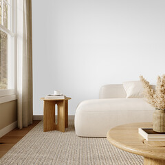 Left corner view of minimalist living room with boucle chaise, side table and window light – Transparent Wall Mockup with Realistic Shadows – 3D render