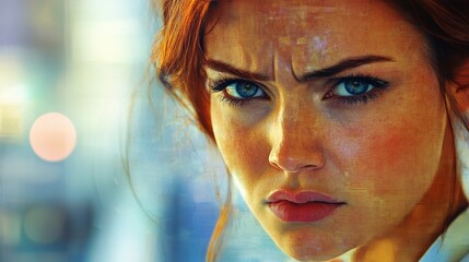 Close-up of woman with blue eyes, furrowed brow, and intense angry expression.