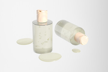 Clear cosmetic plastic bottle with wooden disk top flip cap mockup, flat disk cap round packaging, small modern skincare container, short cylindrical shape squeeze bottle, cylinder shompoo bottle